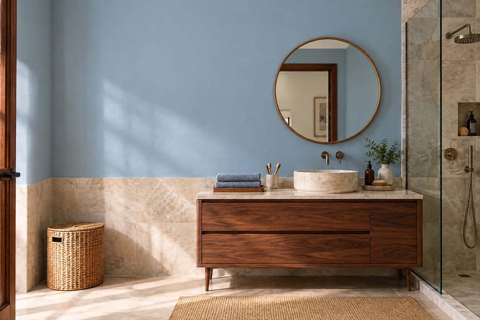 Illustrative bathroom with painted walls and furniture