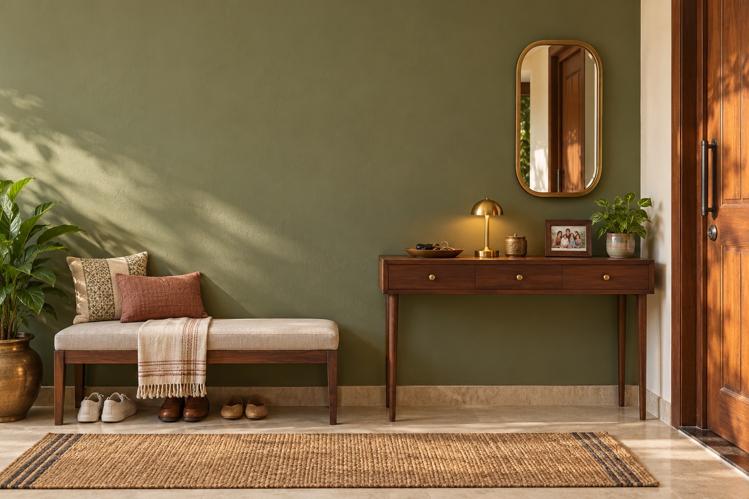 Illustrative interior with painted walls and timber furniture