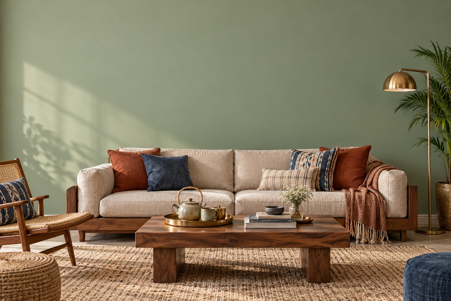 A lived-in living room with timber furniture