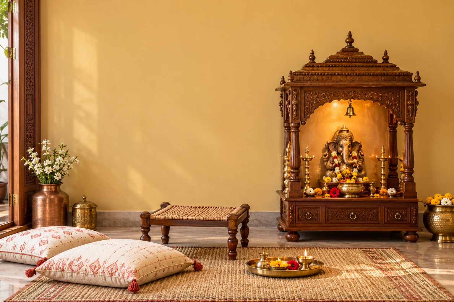 An indoor home mandir with brass lamps