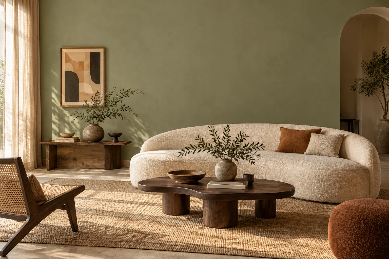 Illustrative living room with sage walls, natural wood and a curved ivory sofa